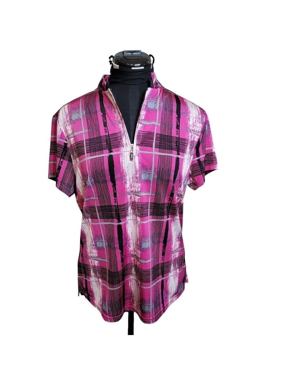 DKNY Golf Zip Neck Short Sleeve Top Pink Plaid Print | Size S
